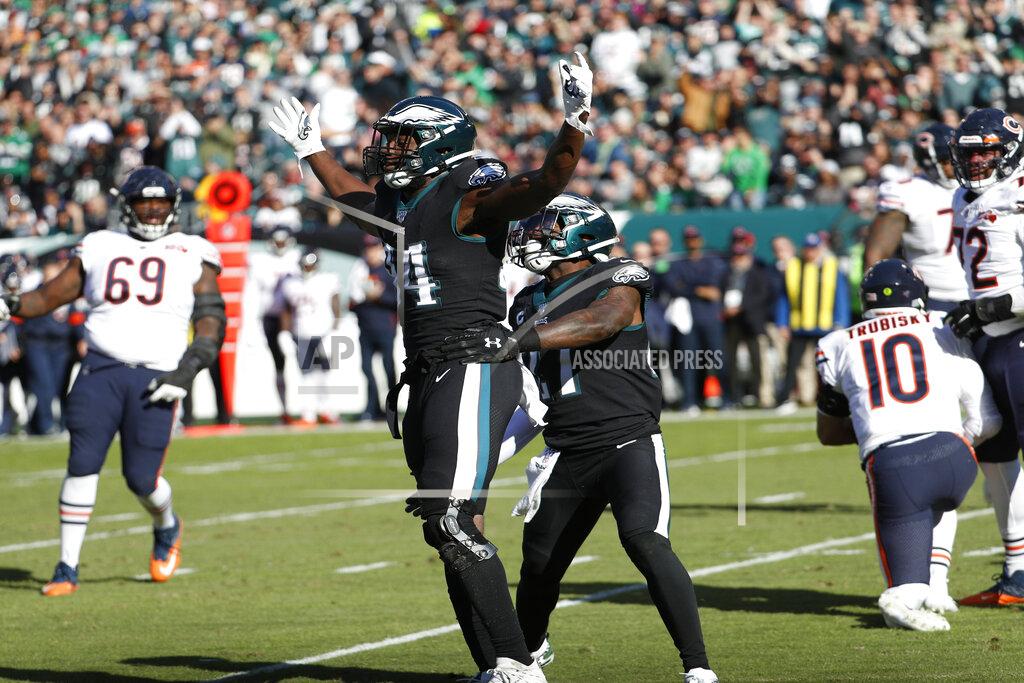 Chris Szagola Philadelphia Eagles' Josh Sweat (94) celebrates after tackling Chicago Bears' Mitchell Trubisky (10) during the first half of an NFL football game, Sunday, Nov. 3, 2019, in Philadelphia. (AP Photo/Chris Szagola)