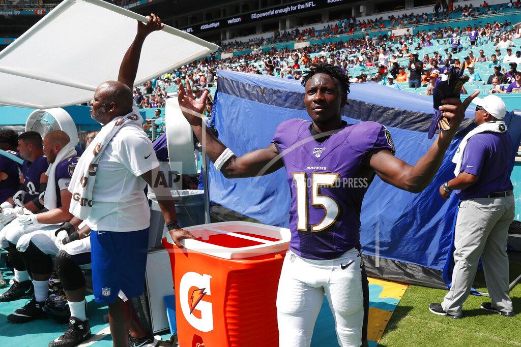 Wilfredo Lee Baltimore Ravens wide receiver Marquise Brown (15) gestures during the last minutes of the second half at an NFL football game against the Miami Dolphins, Sunday, Sept. 8, 2019, in Miami Gardens, Fla. The Ravens defeated the Dolphins 59-10. (AP Photo/Wilfredo Lee)