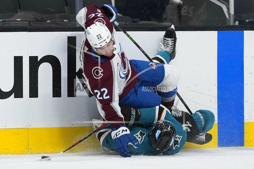 Tony Avelar Colorado Avalanche defenseman Conor Timmins (22) collides with San Jose Sharks center Dylan Gambrell (7) during the second period of an NHL hockey game in San Jose, Calif., on Wednesday, May 5, 2021. (AP Photo/Tony Avelar)