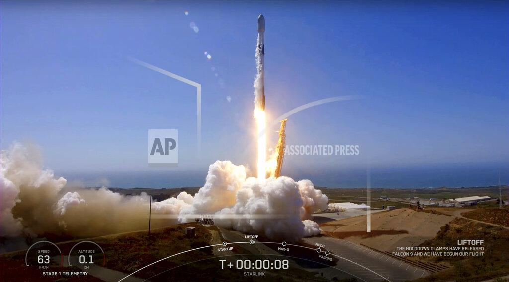 Uncredited This video image provided by SpaceX, a SpaceX Falcon 9 mission to launch 53 Starlink satellites to low-Earth orbit from Space Launch Complex 4 East (SLC-4E), takes off from Vandenberg Space Force Base, Calif., on Friday, May 13, 2022. (SpaceX via AP)