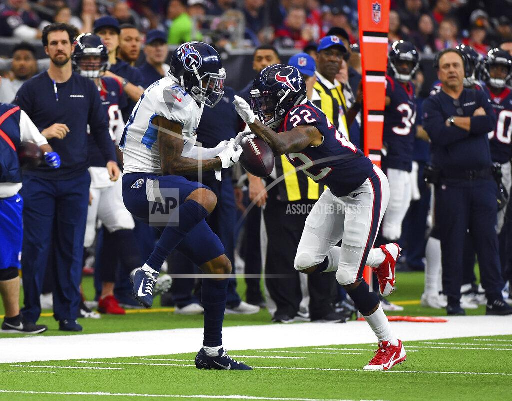 Eric Christian Smith Houston Texans cornerback Gareon Conley (22) breaks up a pass intended for Tennessee Titans wide receiver Tajae Sharpe (19) during the first half of an NFL football game Sunday, Dec. 29, 2019, in Houston. (AP Photo/Eric Christian Smith)