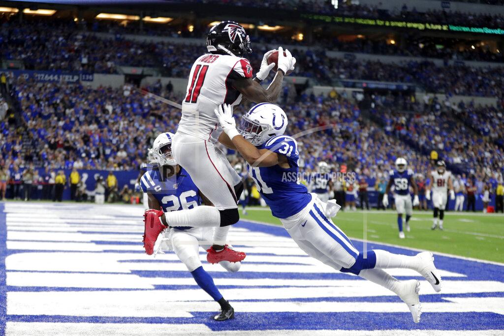 Michael Conroy Atlanta Falcons wide receiver Julio Jones (11) makes a touchdown reception against Indianapolis Colts' Quincy Wilson (31) during the second half of an NFL football game, Sunday, Sept. 22, 2019, in Indianapolis. (AP Photo/Michael Conroy)