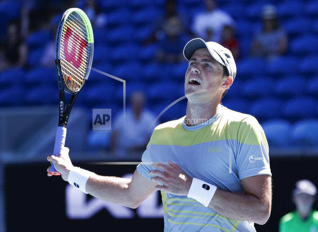 Rick Rycroft Canada's Vasek Pospisil reacts during his first round match against Russia's Daniil Medvedev at the Australian Open tennis championship in Melbourne, Australia, Tuesday, Feb. 9, 2021.(AP Photo/Rick Rycroft)