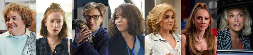Uncredited This combination of photos shows Emmy nominees for supporting actress in a comedy series, from left, Aidy Bryant in "Saturday Night Live," Hannah Einbinder in "Hacks,"Kate McKinnon in "Saturday Night Live," Rosie Perez in "The Flight Attendant," Cecily Strong in "Saturday Night Live," Juno Temple in "Ted Lasso," and Hannah Waddingham in "Ted Lasso," (NBC/HBO Max/NBC/HBO Max/NBC/Apple TV+/Apple TV+ via AP)