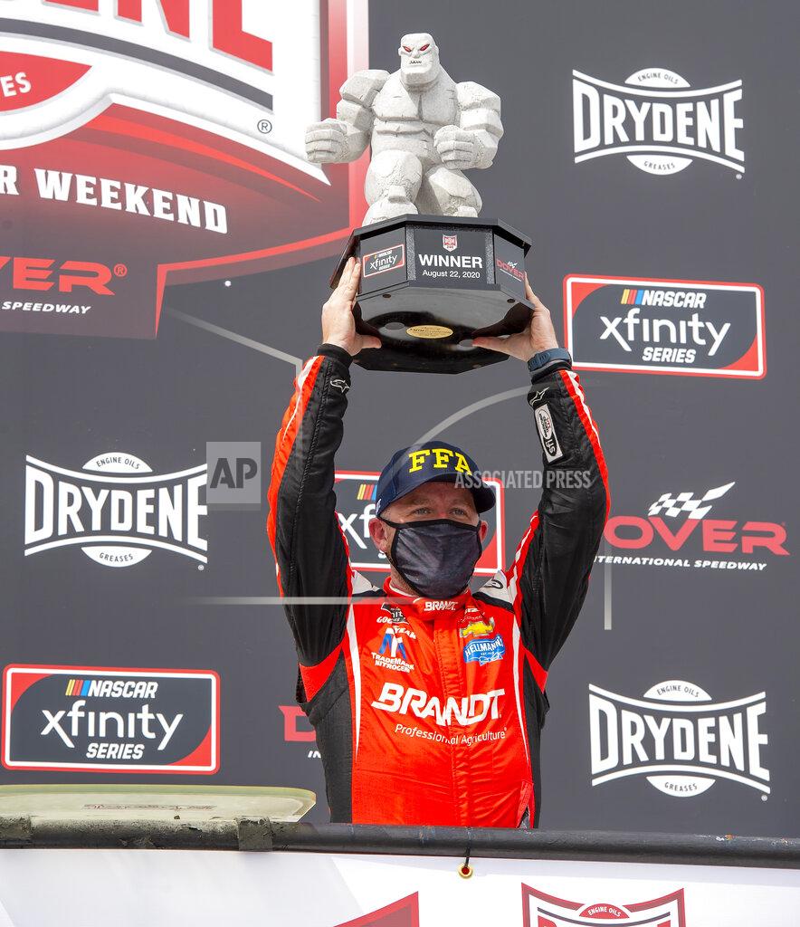 Jason Minto Justin Allgaier (7) wins the NASCAR Xfinity Series race at Dover International Speedway, Saturday, Aug. 22, 2020, in Dover, Del. (AP Photo/Jason Minto)