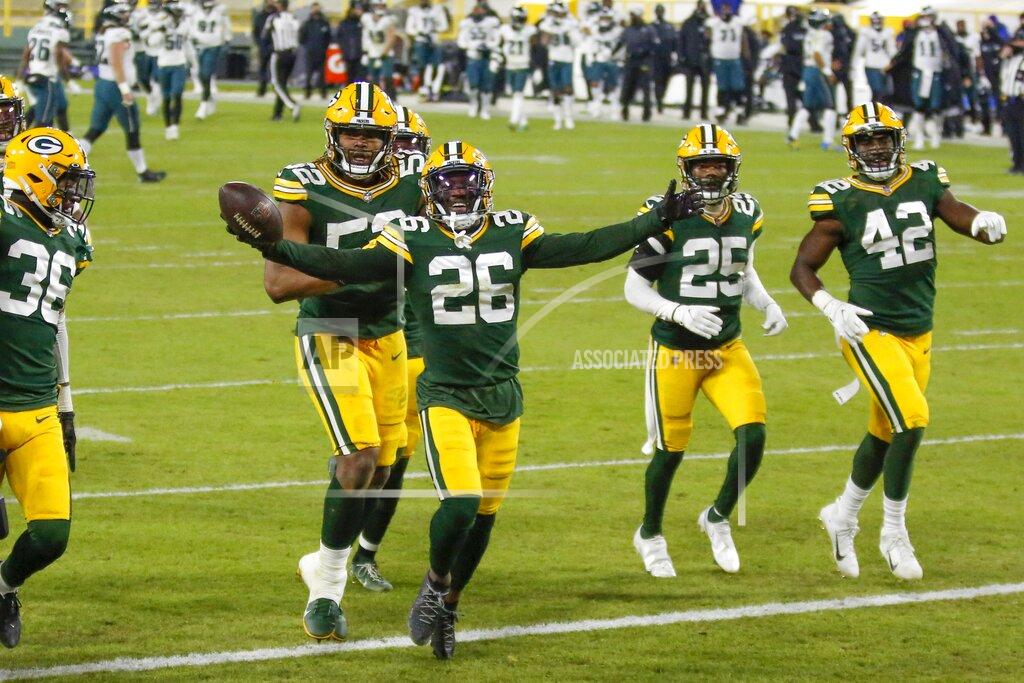 Matt Ludtke Green Bay Packers' Darnell Savage celebrates with teammates after his interception during the second half of an NFL football game against the Philadelphia Eagles Sunday, Dec. 6, 2020, in Green Bay, Wis. The Packers won 30-16. (AP Photo/Matt Ludtke)