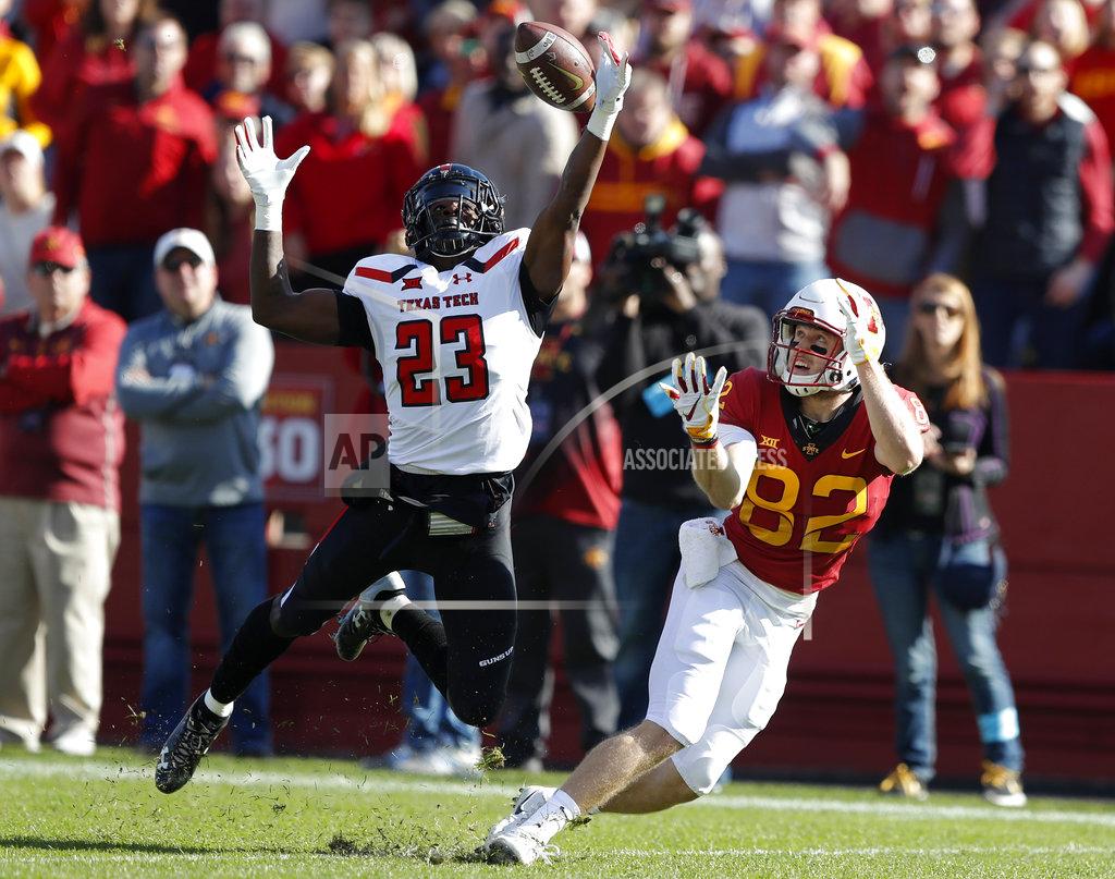 Charlie Neibergall Texas Tech defensive back Damarcus Fields (23) breaks up a pass intended for Iowa State wide receiver Landen Akers during the first half of an NCAA college football game, Saturday, Oct. 27, 2018, in Ames, Iowa. (AP Photo/Charlie Neibergall)
