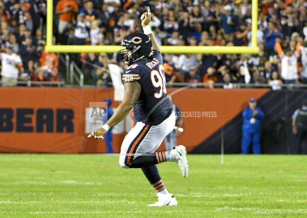 David Banks Chicago Bears' Akiem Hicks reacts to a defensive stop during the first half of an NFL football game against the Green Bay Packers Thursday, Sept. 5, 2019, in Chicago. (AP Photo/David Banks)