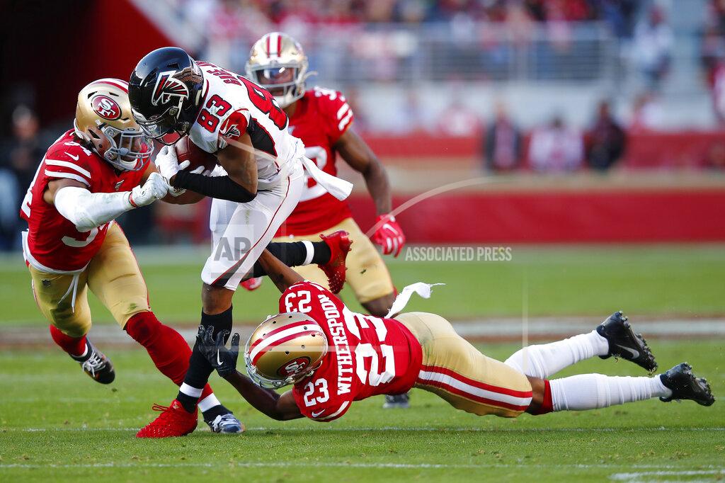 John Hefti Atlanta Falcons wide receiver Russell Gage (83) runs against San Francisco 49ers middle linebacker Fred Warner, left, and cornerback Ahkello Witherspoon (23) during the first half of an NFL football game in Santa Clara, Calif., Sunday, Dec. 15, 2019. (AP Photo/John Hefti)