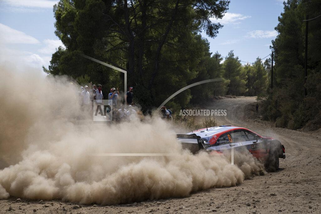 Petros Giannakouris Ott Tanak of Estonia and co-driver Martin Jarveoja with the Hyundai i20 Coupe WRC car compete in the WRC Acropolis Rally at the stage of Aghii Theodori, west of Athens, on Friday, Sept. 10, 2021. The World Rally Championship returned to Greece after an eight-year absence. (AP Photo/Petros Giannakouris)