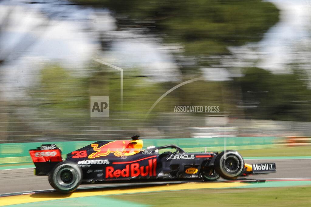 Luca Bruno Red Bull driver Max Verstappen of the Netherlands steers his car during free practice for Sunday's Emilia Romagna Formula One Grand Prix, at the Imola track, Italy, Friday, April 16, 2021. (AP Photo/Luca Bruno)