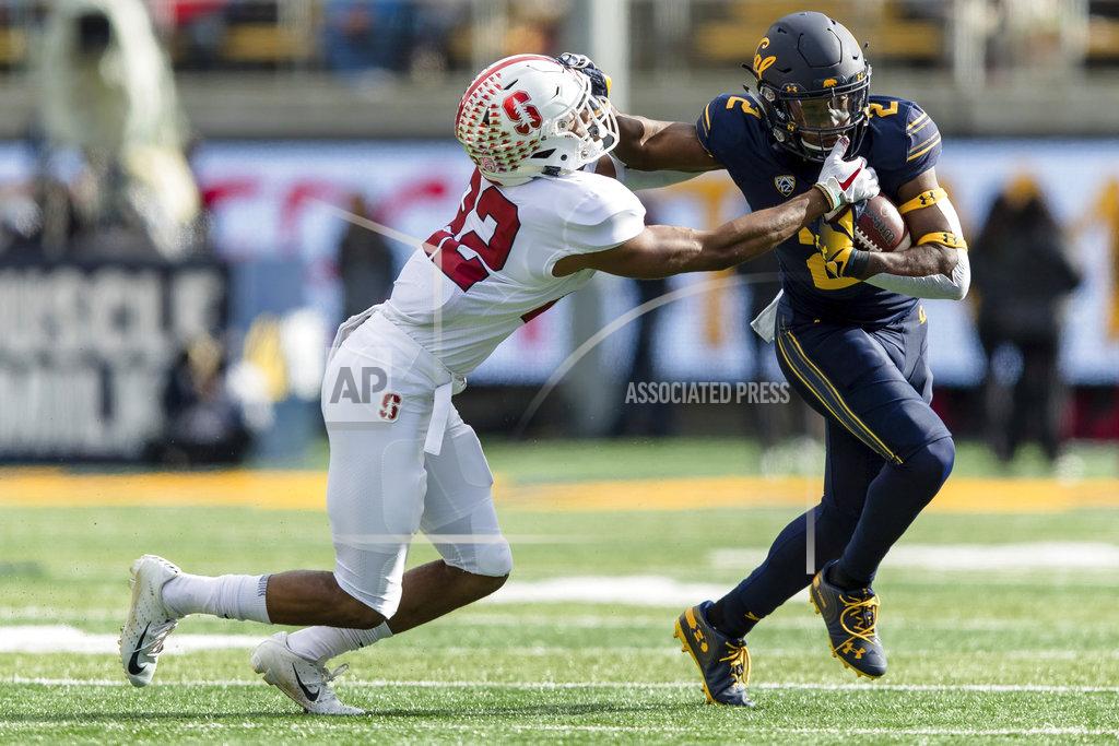 John Hefti California wide receiver Jordan Duncan, right, fends off Stanford cornerback Obi Eboh in the second quarter of a football game in Berkeley, Calif., Saturday, Dec. 1, 2018. (AP Photo/John Hefti)