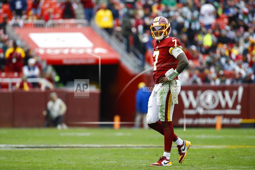 Washington Redskins quarterback Dwayne Haskins (7) walks off the field during the second half of an NFL football game against the New York Jets, Sunday, Nov. 17, 2019, in Landover, Md. (AP Photo/Patrick Semansky)