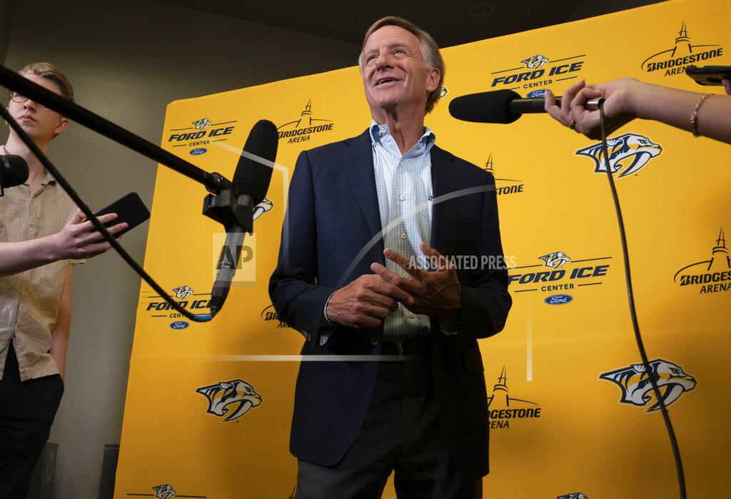 George Walker Iv Former Tennessee Gov. Bill Haslam discusses his plans to purchase a majority stake of the Nashville Predators NHL hockey club during a press conference at Bridgestone Arena Thursday, June 23, 2022, in Nashville, Tenn. (George Walker IV/The Tennessean via AP)