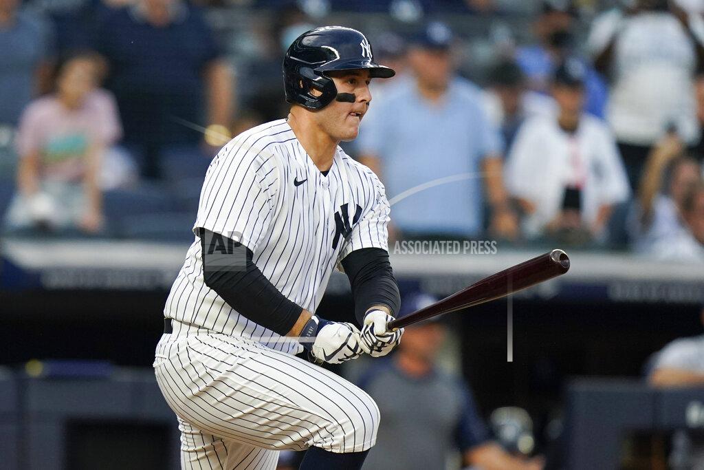 Frank Franklin Ii New York Yankees' Anthony Rizzo hits a single during the ninth inning of a baseball game against the Tampa Bay Rays Sunday, Oct. 3, 2021, in New York. The Yankees won 1-0. (AP Photo/Frank Franklin II)