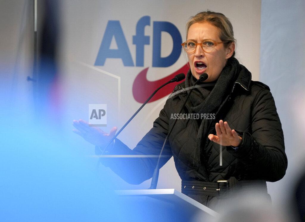 Michael Sohn Alice Weidel, co-leader of the Alternative for Germany party (AfD), delivers a speech during an election campaign event of the AfD in front of the Charlottenburg palace in Berlin, Germany, Friday, Sept. 24, 2021. (AP Photo/Michael Sohn)