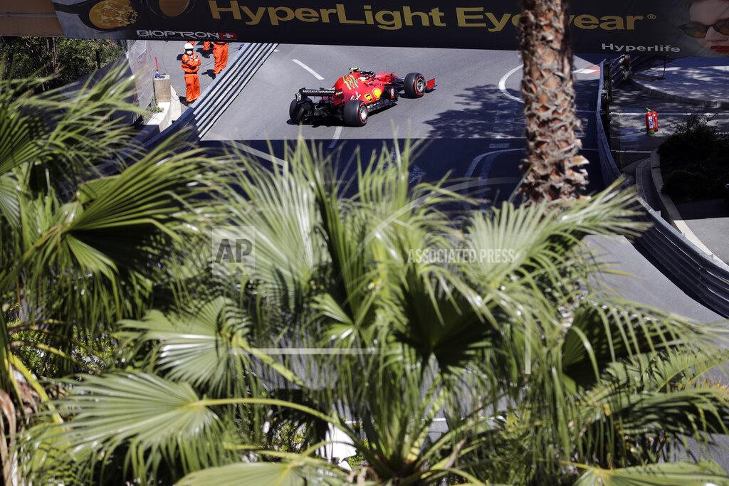Luca Bruno Ferrari driver Carlos Sainz of Spain steers his car during the second free practice for Sunday's Formula One race, at the Monaco racetrack, in Monaco, Thursday, May 20, 2021. (AP Photo/Luca Bruno)