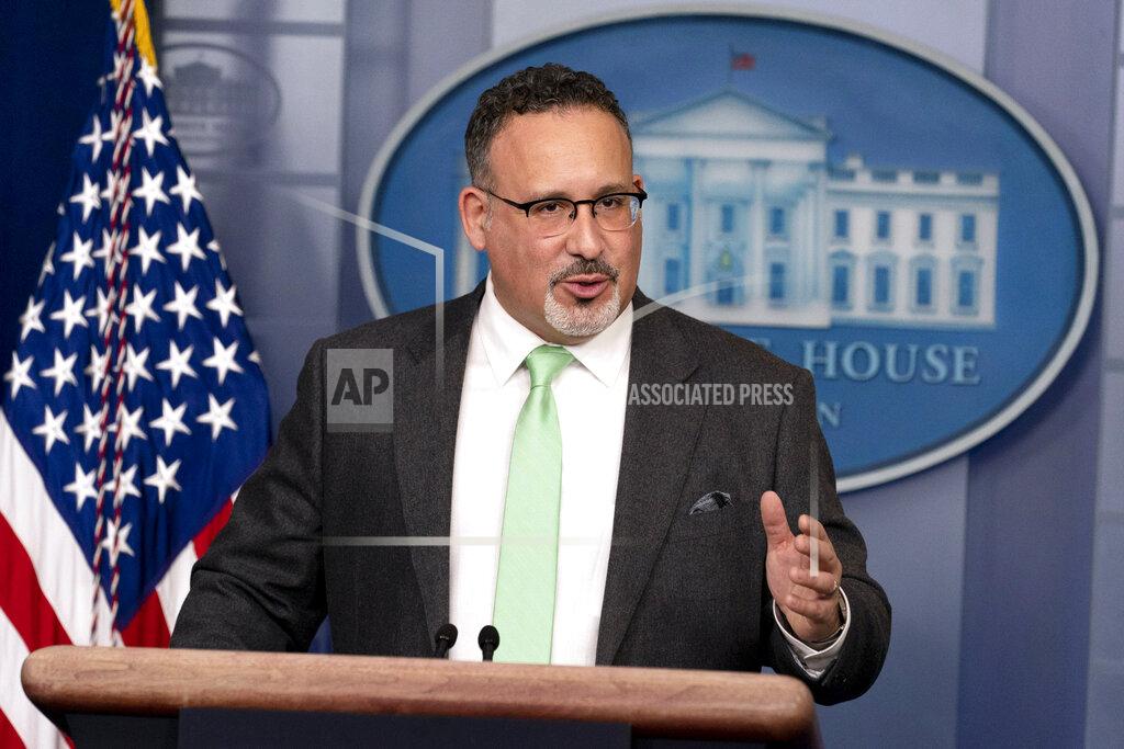 Andrew Harnik Education Secretary Miguel Cardona speaks during a press briefing at the White House, Wednesday, March 17, 2021, in Washington. (AP Photo/Andrew Harnik)