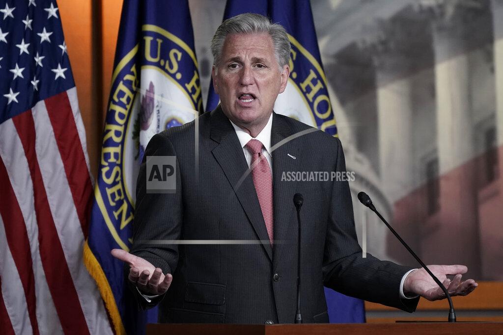 J. Scott Applewhite FILE - In this Nov. 12, 2020 file photo House Minority Leader Kevin McCarthy, R-Calif., talks during a news conference on Capitol Hill in Washington. At a time when California residents were being urged to avoid social gatherings, McCarthy attended his son's wedding in December in San Luis Obispo County, along with a small group of family members. (AP Photo/J. Scott Applewhite,File)