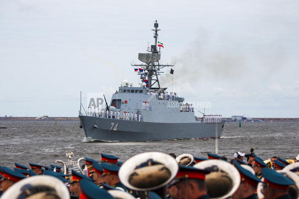 Uncredited Iranian frigate "Sahand" of the Southern Fleet of the Islamic Republic of Iran Navy takes part in the military parade during celebrations for Navy Day, in Kronshtadt outside St.Petersburg, Russia, Sunday, July 25, 2021. (AP Photo)