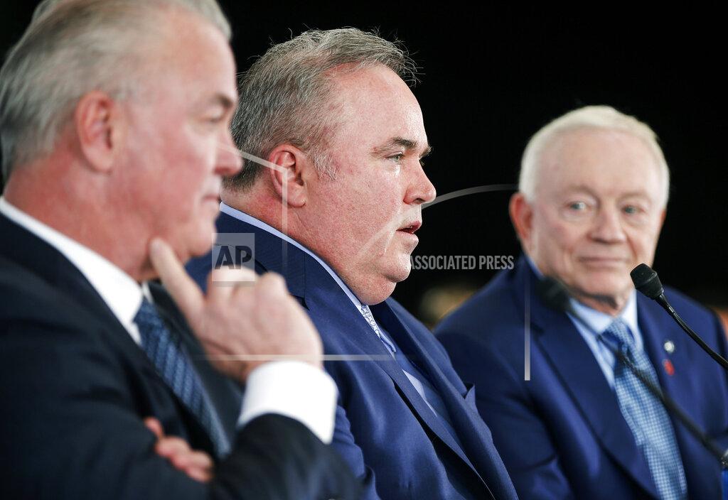 Brandon Wade New Dallas Cowboys head coach Mike McCarthy, center, is introduced by Chief Operating Officer Stephen Jones, left, and owner Jerry Jones, right, during a press conference at the Dallas Cowboys headquarters Wednesday, Jan. 8, 2020, in Frisco, Texas. (AP Photo/Brandon Wade)