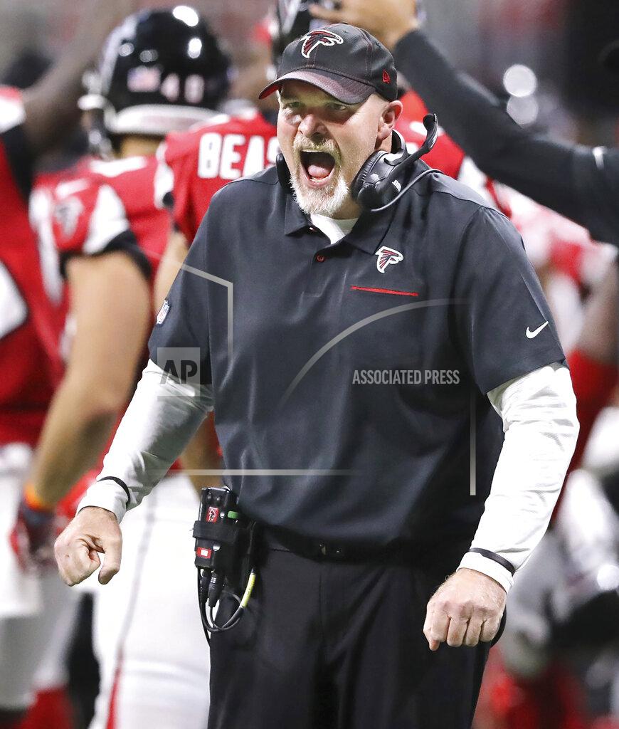 Curtis Compton Atlanta Falcons head coach Dan Quinn reacts as his defense stops the Jacksonville Jaguars on a fourth down attempt during the fourth quarter to hold on to a 24-12 victory in a NFL football game on Sunday, Dec. 22, 2019, in Atlanta. (Curtis Compton/Atlanta Journal-Constitution via AP)
