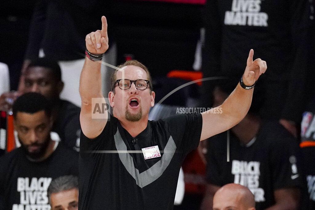 Toronto Raptors' head coach Nick Nurse directs his team during the first half of an NBA conference semifinal playoff basketball game with the Boston Celtics Monday, Sept. 7, 2020, in Lake Buena Vista, Fla. (AP Photo/Mark J. Terrill)