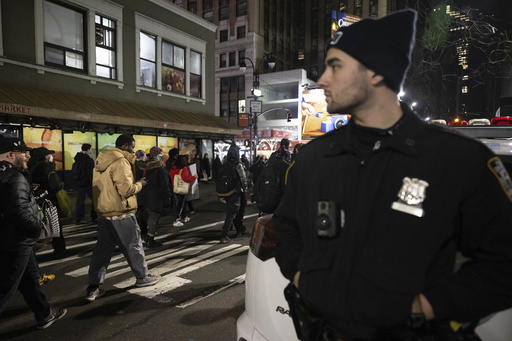 FILE - A police officer watches demonstrators march during a protest, Jan. 28, 2023, in New York. In New York, a proposed bill that would require officers to document basic information when they question someone has divided city government and been thrust into the national spotlight after police pulled over a black lawmaker without giving him a reason. (AP Photo/Yuki Iwamura)