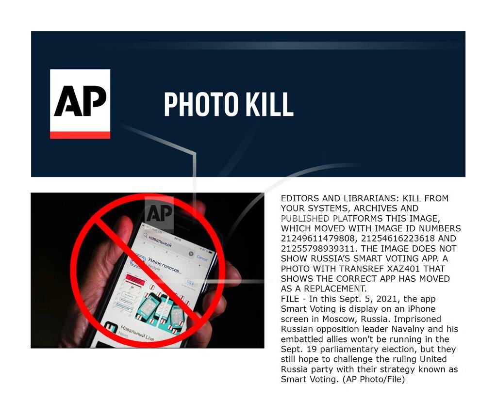 Uncredited FILE - In this Sept. 5, 2021, the app Smart Voting is display on an iPhone screen in Moscow, Russia. Imprisoned Russian opposition leader Navalny and his embattled allies won't be running in the Sept. 19 parliamentary election, but they still hope to challenge the ruling United Russia party with their strategy known as Smart Voting. (AP Photo/File)