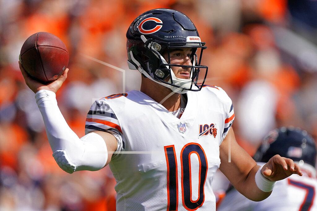 Jack Dempsey Chicago Bears quarterback Mitchell Trubisky (10) throws against the Denver Broncos during the first half of an NFL football game, Sunday, Sept. 15, 2019, in Denver. (AP Photo/Jack Dempsey)