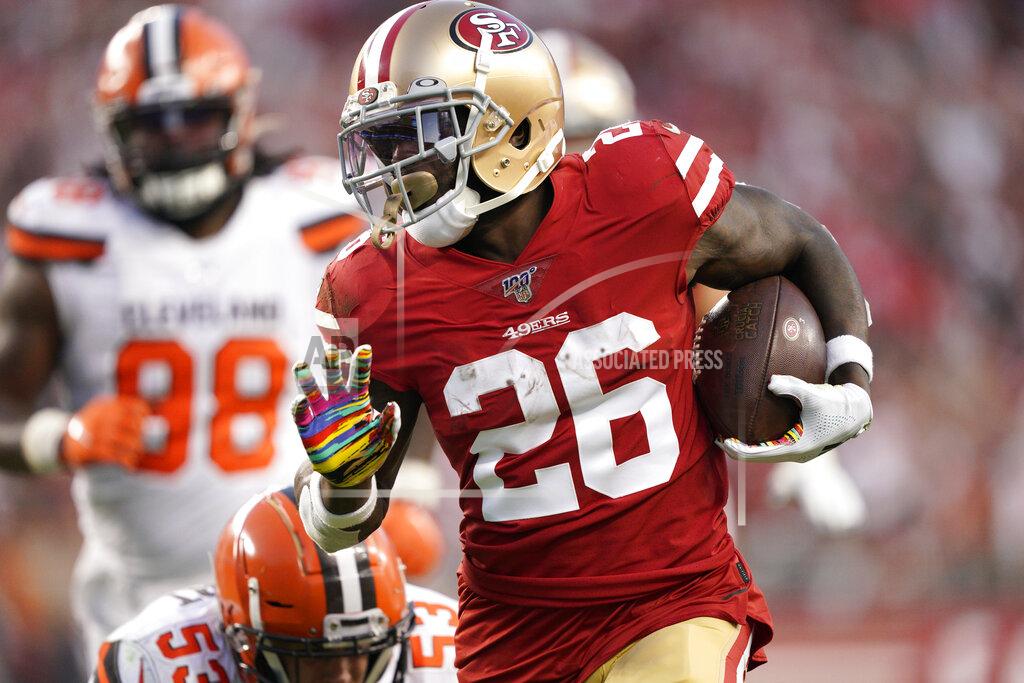 Tony Avelar San Francisco 49ers running back Tevin Coleman (26) runs for a touchdown against the Cleveland Browns during the first half of an NFL football game in Santa Clara, Calif., Monday, Oct. 7, 2019. (AP Photo/Tony Avelar)