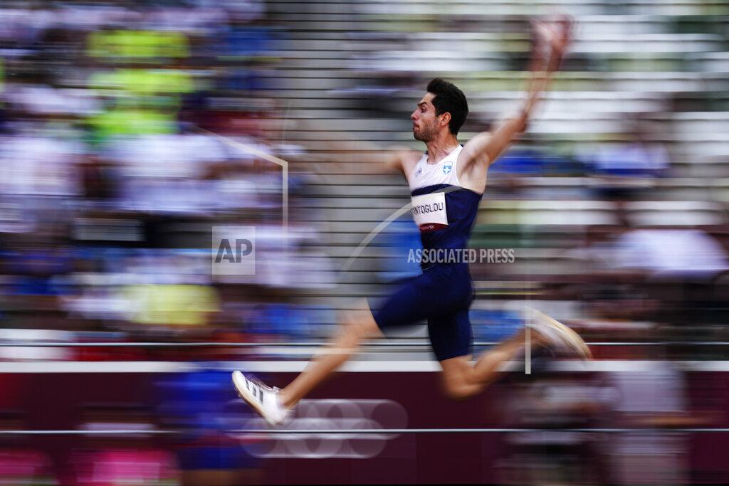 David J. Phillip Miltiadis Tentoglou, of Greece, competes in men's long jump final at the 2020 Summer Olympics, Monday, Aug. 2, 2021, in Tokyo.(AP Photo/David J. Phillip)