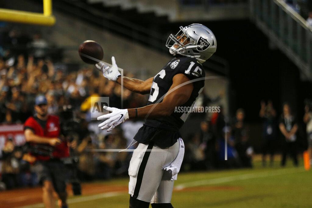 D. Ross Cameron Oakland Raiders wide receiver Tyrell Williams celebrates after scoring a touchdown during the first half of an NFL football game against the Denver Broncos Monday, Sept. 9, 2019, in Oakland, Calif. (AP Photo/D. Ross Cameron)