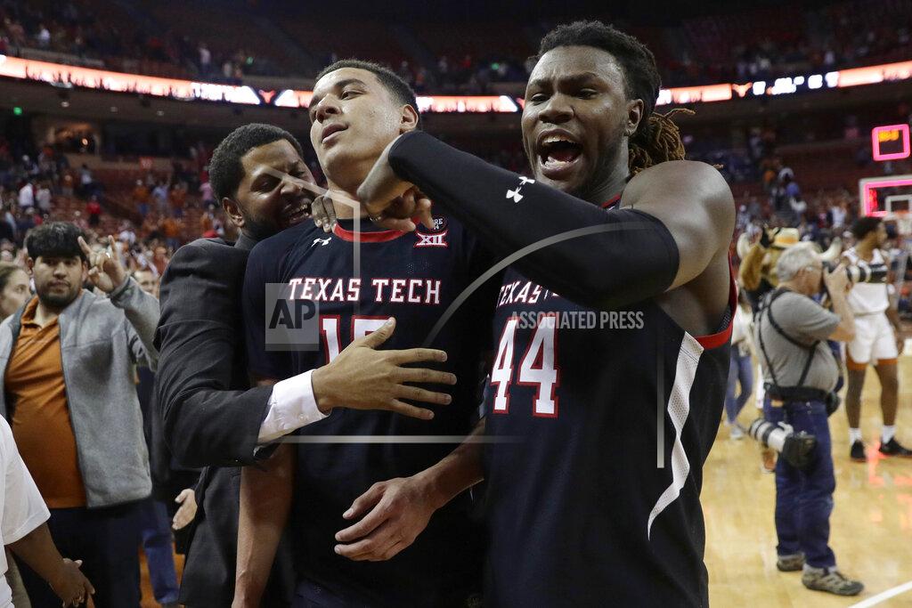 Eric Gay Texas Tech guard Kevin McCullar (15) and guard Chris Clarke (44) celebrate the team's 62-57 win over Texas in an NCAA college basketball game Saturday, Feb. 8, 2020, in Austin, Texas. (AP Photo/Eric Gay)