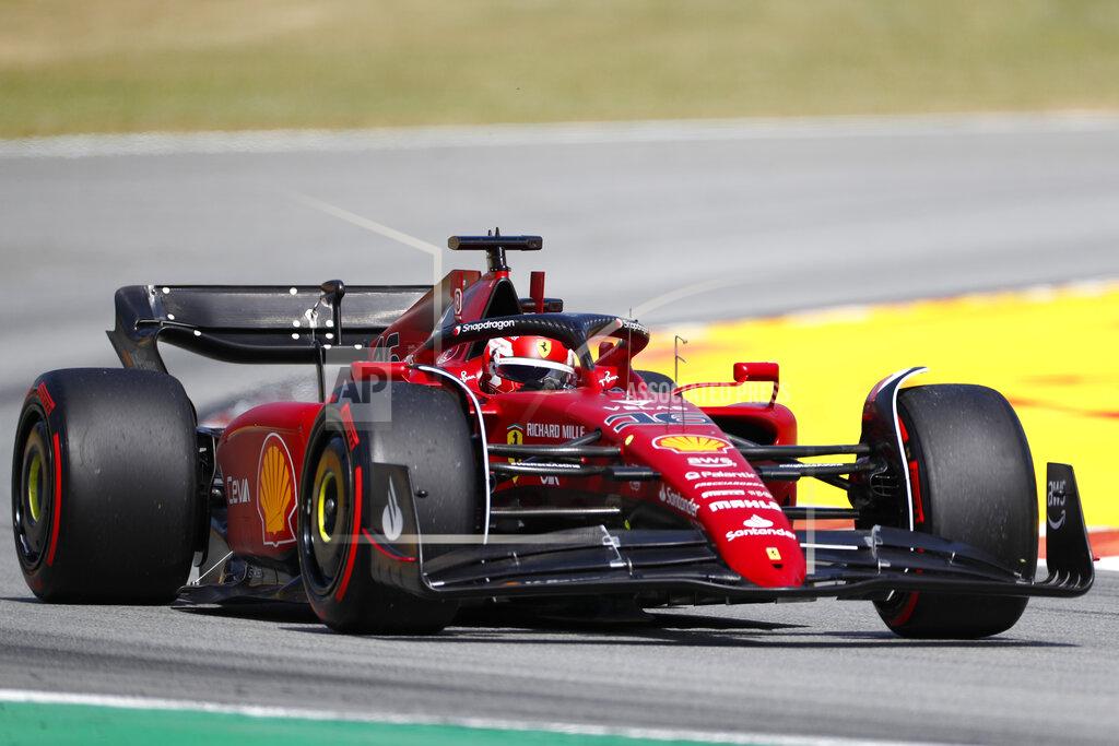 Joan Monfort Ferrari driver Charles Leclerc of Monaco steers his car during qualifying session at the Barcelona Catalunya racetrack in Montmelo, Spain, Saturday, May 21, 2022. The Formula One race will be held on Sunday. (AP Photo/Joan Monfort)
