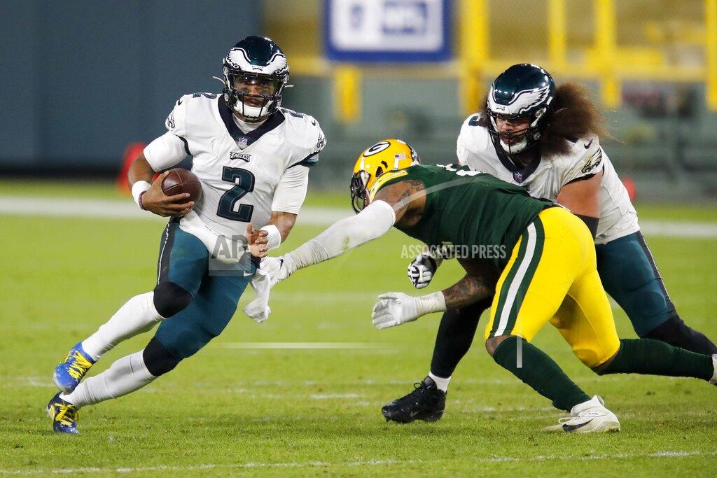 Matt Ludtke Philadelphia Eagles' Jalen Hurts runs during the second half of an NFL football game against the Green Bay Packers Sunday, Dec. 6, 2020, in Green Bay, Wis. The Packers won 30-16. (AP Photo/Matt Ludtke)