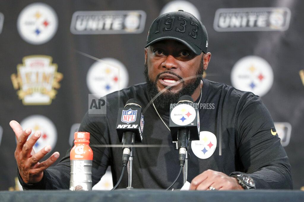 Keith Srakocic Pittsburgh Steelers coach Mike Tomlin speaks during a news conference after the team's NFL football game against the Los Angeles Rams, Sunday, Nov. 10, 2019, in Pittsburgh. The Steelers won 17-12. (AP Photo/Keith Srakocic)