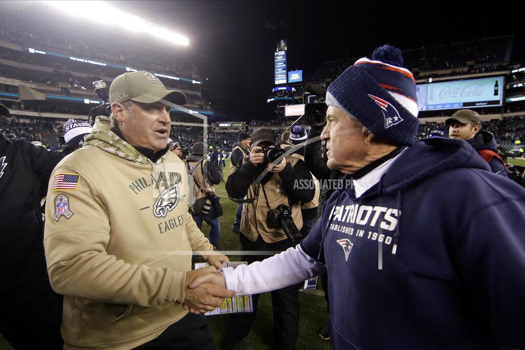 Matt Rourke New England Patriots head coach Bill Belichick, right, and Philadelphia Eagles head coach Doug Pederson meet after an NFL football game, Sunday, Nov. 17, 2019, in Philadelphia. New England won 17-10. (AP Photo/Matt Rourke)