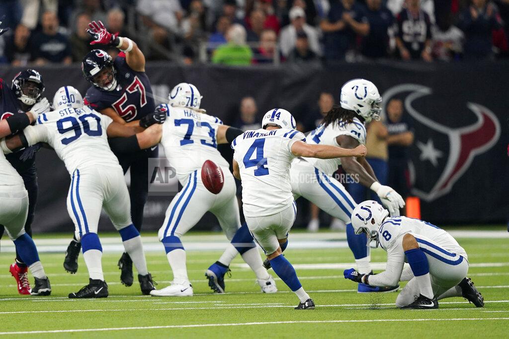 David J. Phillip Indianapolis Colts kicker Adam Vinatieri (4) kicks a field goal against the Houston Texans during the first half of an NFL football game Thursday, Nov. 21, 2019, in Houston. (AP Photo/David J. Phillip)