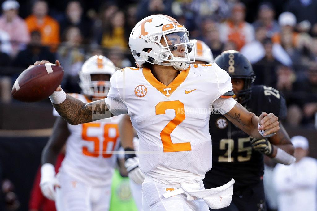 Mark Humphrey Tennessee quarterback Jarrett Guarantano passes against Vanderbilt in the first half of an NCAA college football game Saturday, Nov. 24, 2018, in Nashville, Tenn. (AP Photo/Mark Humphrey)