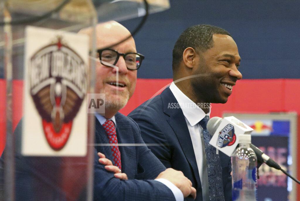 Ted Jackson Willie Green is introduced as the new head coach for the New Orleans Pelicans NBA basketball team, in Metairie, La., Tuesday, July 27, 2021. At left is Pelicans Executive Vice President of Basketball Operations David Griffin. (AP Photo/Ted Jackson)