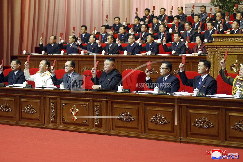 Uncredited In this photo provided by the North Korean government, North Korean leader Kim Jong Un, bottom center, attends a ruling party congress in Pyongyang, North Korea Tuesday, Jan. 12, 2021. Kim vowed all-out efforts to bolster his country's nuclear deterrent during the major ruling party meeting where he earlier laid out plans to work toward salvaging the broken economy. Independent journalists were not given access to cover the event depicted in this image distributed by the North Korean government. The content of this image is as provided and cannot be independently verified. Korean language watermark on image as provided by source reads: "KCNA" which is the abbreviation for Korean Central News Agency. (Korean Central News Agency/Korea News Service via AP)