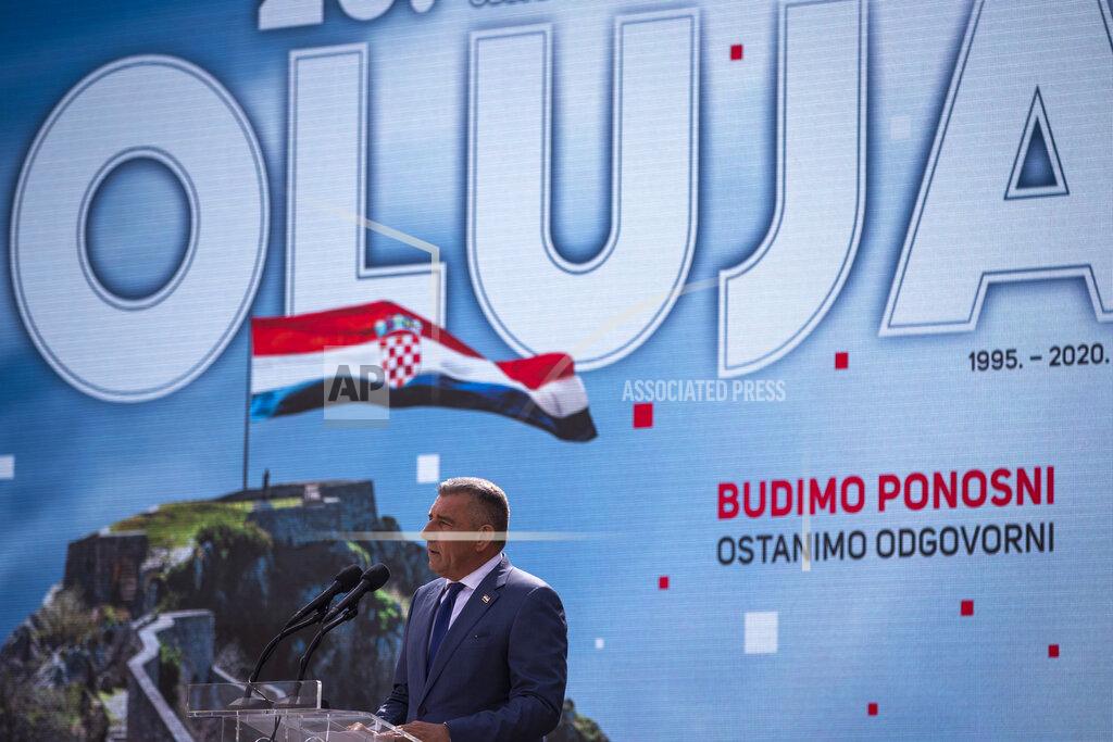 Darko Bandic Croatian Gen. Ret. Ante Gotovina addresses the audience during a ceremony in Knin, Croatia, Wednesday, Aug. 5, 2020. Croatia marked the 25th anniversary of a victorious wartime military offensive, with an ethnic Serb politician attending the ceremony for the first time in what is seen as an important step toward reconciliation. (AP Photo/Darko Bandic)