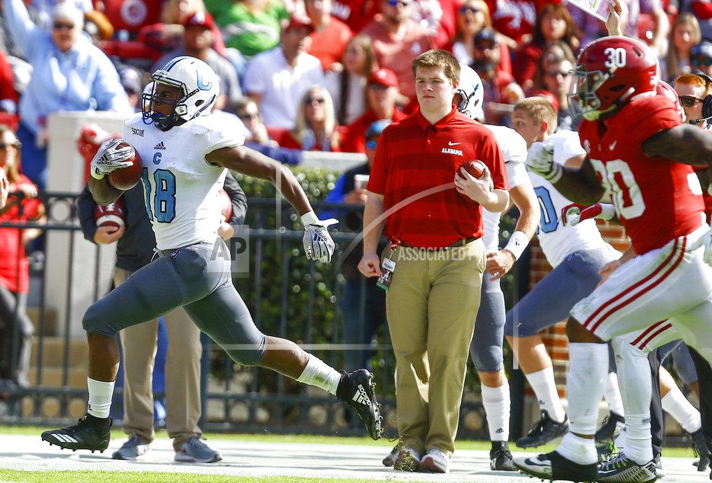 Butch Dill Citadel running back Dante Smith (18) carries the ball in for a touchdown as Alabama linebacker Mack Wilson (30) pursues in the first half of an NCAA college football game, Saturday, Nov. 17, 2018, in Tuscaloosa, Ala. (AP Photo/Butch Dill)