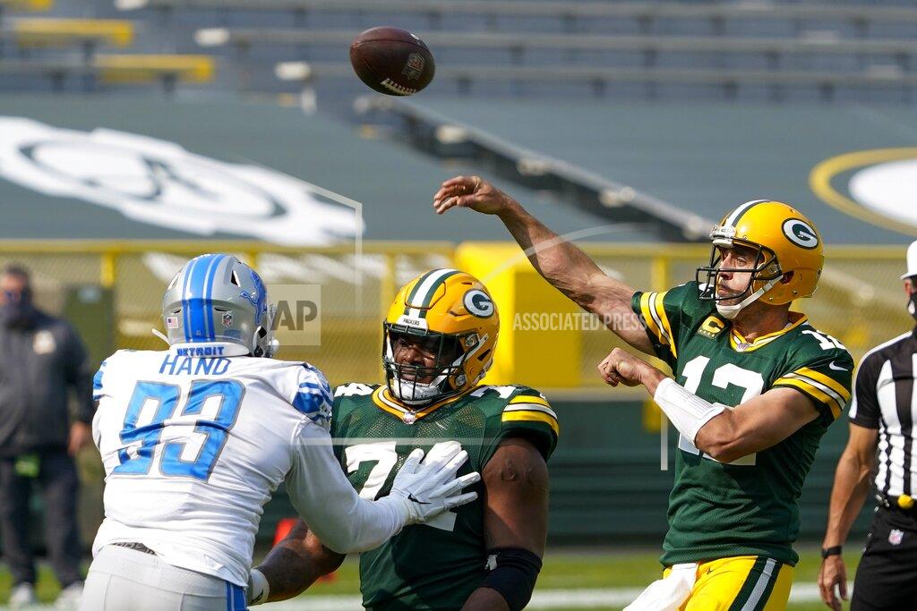 Morry Gash Green Bay Packers' Aaron Rodgers throws during the second half of an NFL football game against the Detroit Lions Sunday, Sept. 20, 2020, in Green Bay, Wis. (AP Photo/Morry Gash)