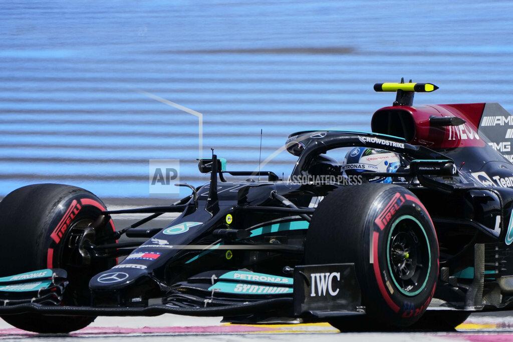 Francois Mori Mercedes driver Valtteri Bottas of Finland steers his car during the second free practice for the French Formula One Grand Prix at the Paul Ricard racetrack in Le Castellet, southern France, Friday, June 18, 2021. The French Grand Prix will be held on Sunday. (AP Photo/Francois Mori)