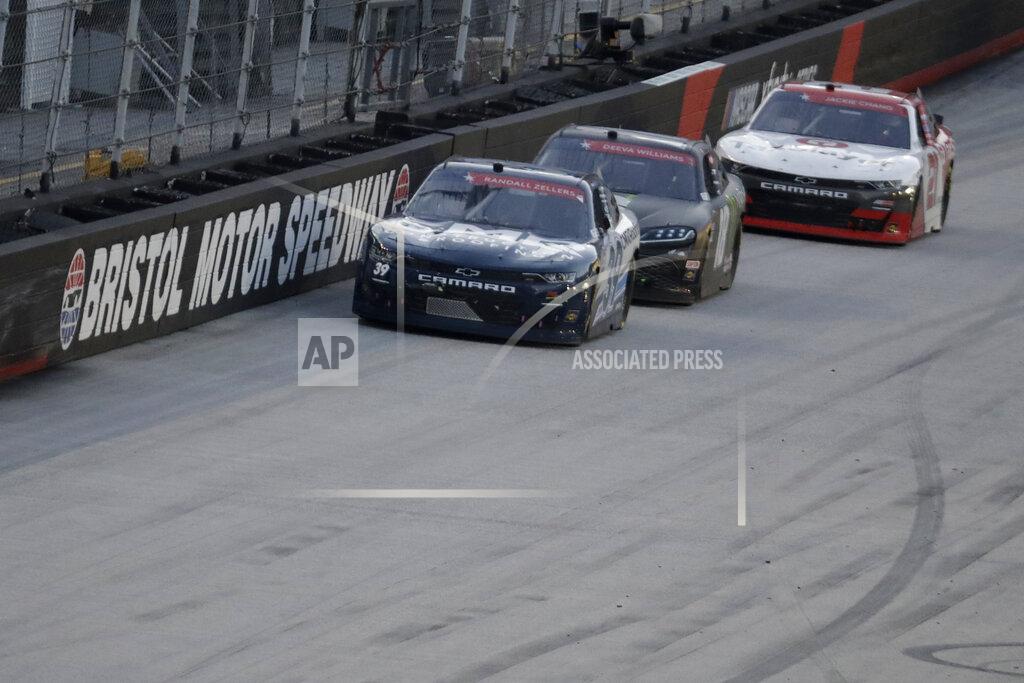 Mark Humphrey Ryan Sieg (39) drives followed by Riley Herbst (18) and Myatt Snider, right, during NASCAR Xfinity Series auto race at Bristol Motor Speedway Monday, June 1, 2020, in Bristol, Tenn. (AP Photo/Mark Humphrey)