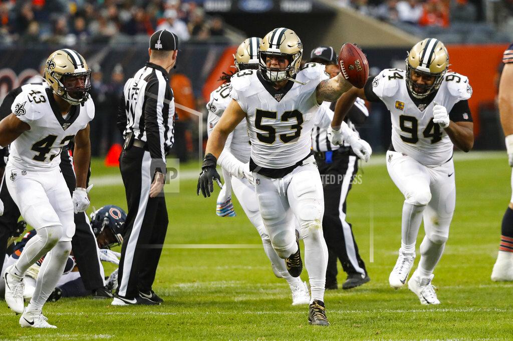 Charles Rex Arbogast New Orleans Saints outside linebacker A.J. Klein (53) celebrates a fumble recovery against the Chicago Bears during the second half of an NFL football game in Chicago, Sunday, Oct. 20, 2019. (AP Photo/Charles Rex Arbogast)