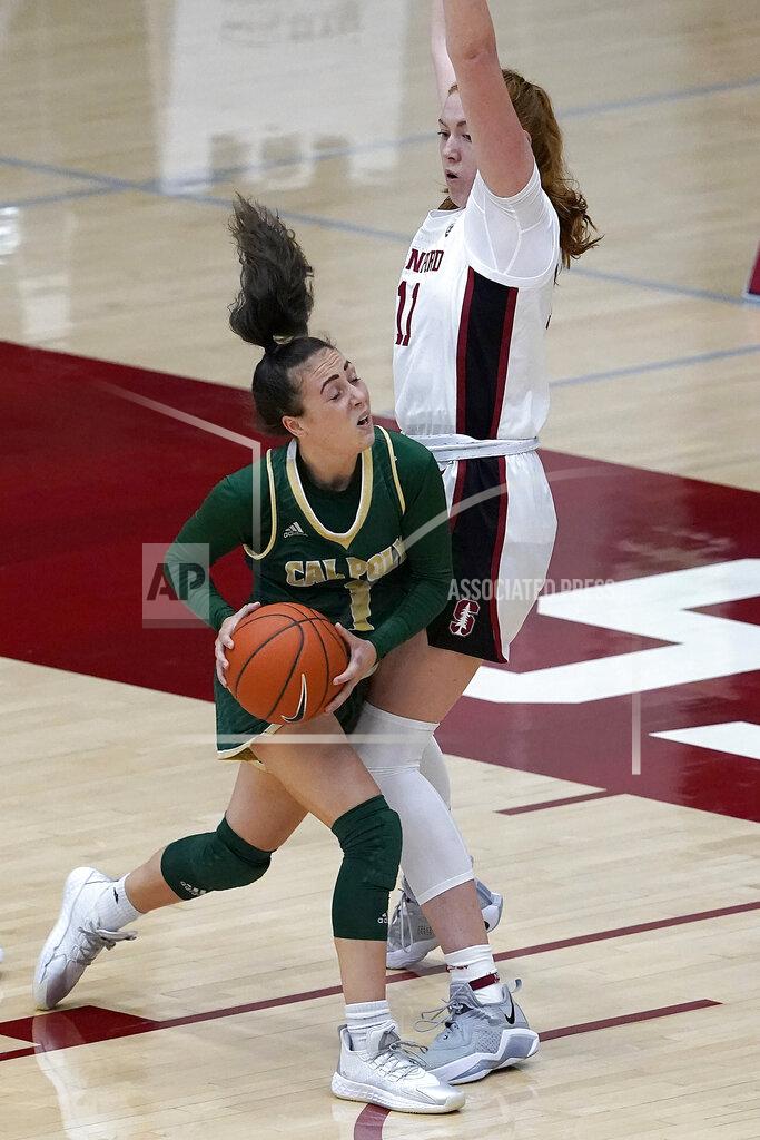 Tony Avelar Cal Poly guard Abbey Ellis (1) drive to the basket against Stanford forward Ashten Prechtel, right, during the first half of an NCAA college basketball game in Stanford, Calif., Wednesday, Nov. 25, 2020. (AP Photo/Tony Avelar)