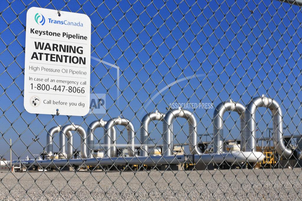 FILE - This Nov. 3, 2015 file photo shows the Keystone Steele City pumping station, into which the planned Keystone XL pipeline is to connect to, in Steele City, Neb. Pipeline sponsor TC Energy says it has started preliminary work along its route through the U.S. as opponents wait for a judge to rule on their request to block the project. (AP Photo/Nati Harnik, File)